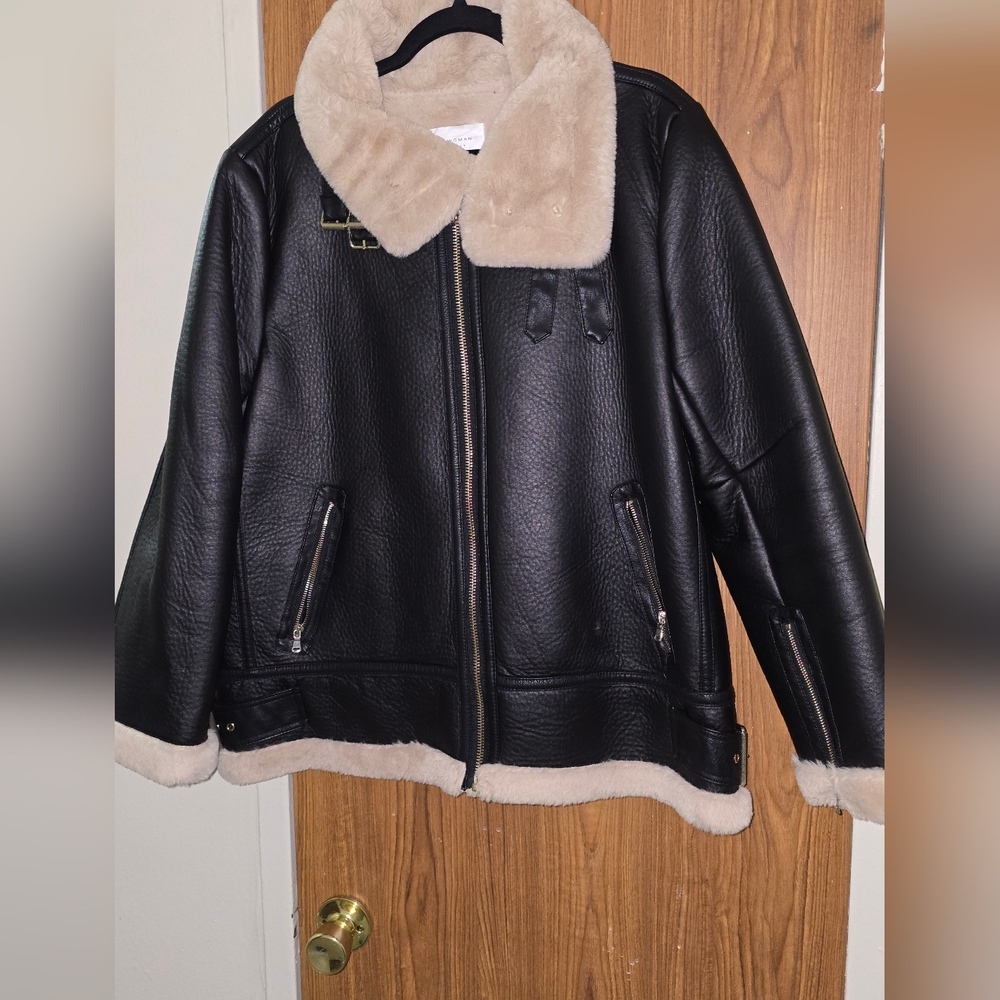 Zara Black Faux Leather Jacket with Cream Accents
